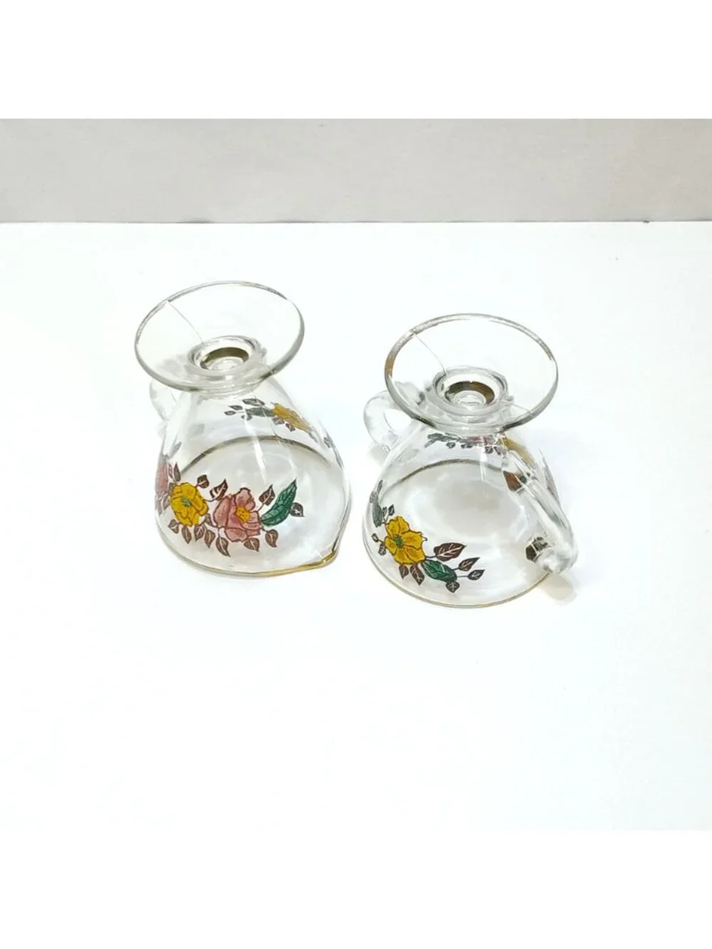 Vintage Glass Creamer & Sugar Set Floral Design Gold Rim Accents Artist Unknown